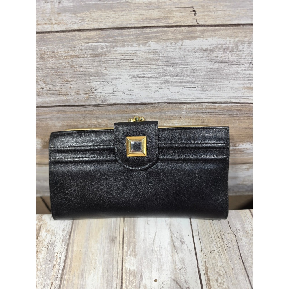 Smithy Accessories Black Leather Tri-Fold Kiss Lock Coin Purse Wallet Gold Tone